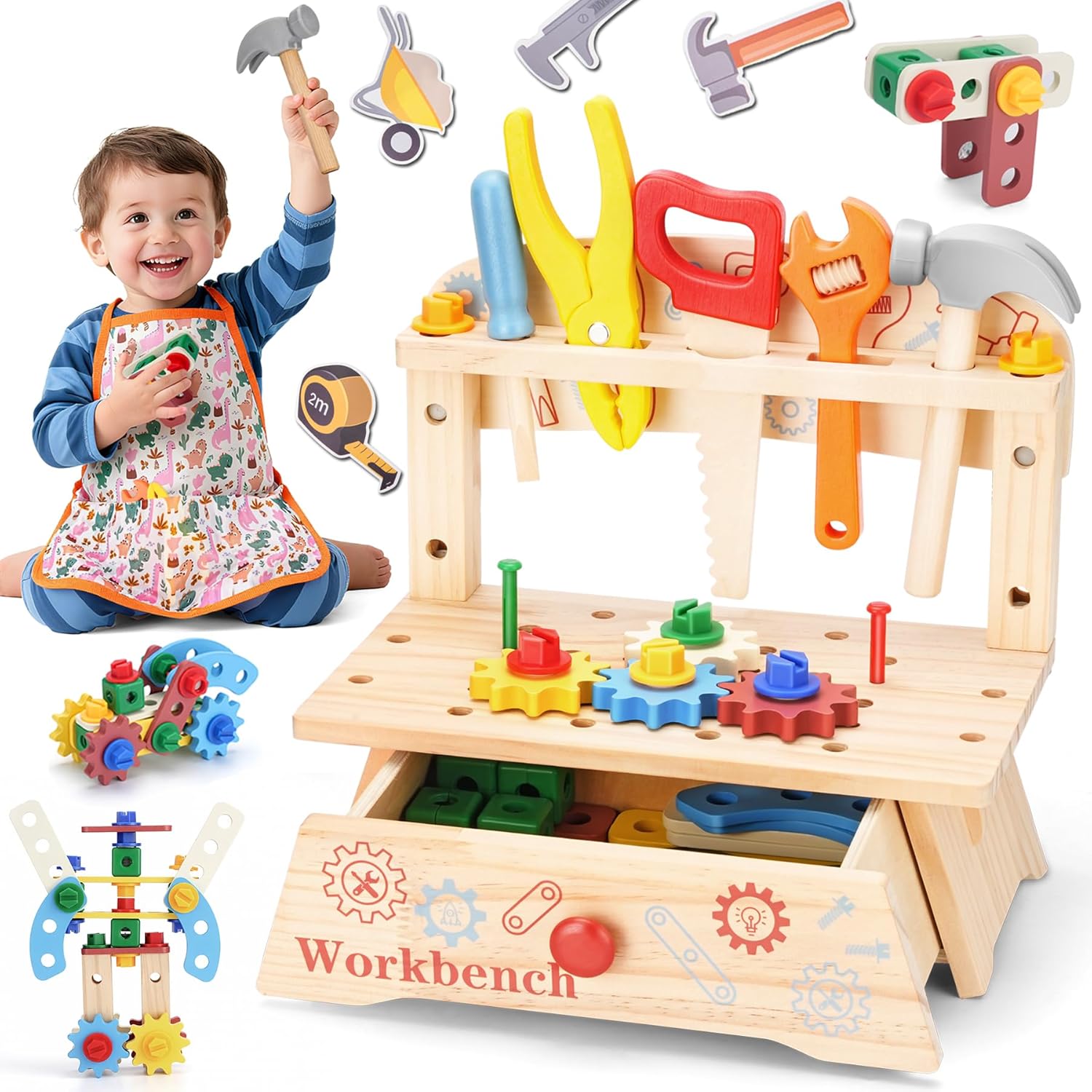 Gardening Tools For Toddlers - Holzwerkzeugbank für Kinder, Montessori-Pädagogisches Rollenspiel-Konstruktionsspielzeug, Aktivitätsgeschenk,