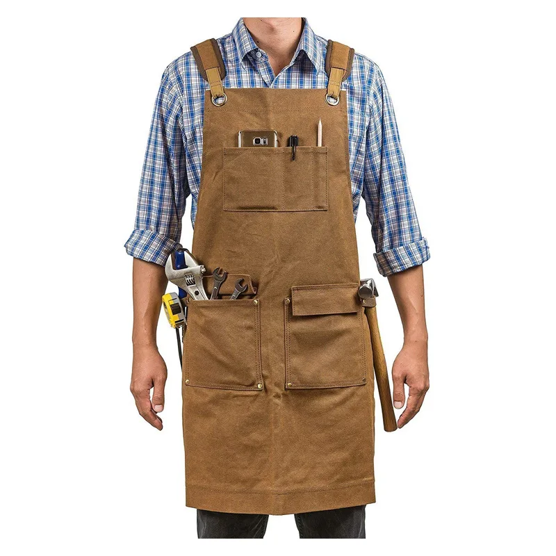 Gardening Tools Logo - Verdickte Canvas-Schürze, wasserdichte Ölwachsschürze mit Werkzeugtaschen,